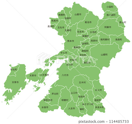 可分割的熊本縣地圖,包含城市、城鎮和村莊名稱 可分割的熊本縣地圖,包含城市、城鎮和村莊名稱 114485733