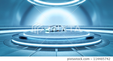 Futuristic car in high-tech showroom Futuristic car in high-tech showroom 114485742