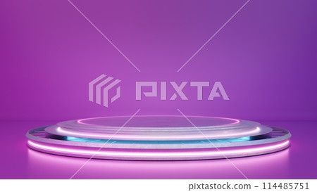 3D Futuristic neon podium display with purple backdrop 3D Futuristic neon podium display with purple backdrop 114485751