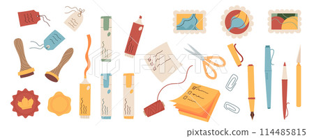 Flat style stationery and postal stamps set, trendy cartoon pen, pencil and highlighter marker with wax seal, badge and scissors colorful vector collection, handwritten label, note and sheet of paper Flat style stationery and postal stamps set, trendy cartoon pen, pencil and highlighter marker with wax seal, badge and scissors colorful vector collection, handwritten label, note and sheet of paper 114485815