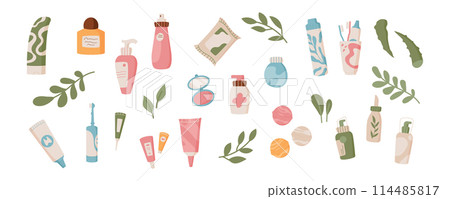 Flat organic cosmetic and makeup product set, cartoon moisturizing bodycare pack collection with green leaves, colorful eco skincare cream jar and bath bombs, trendy fashion beauty lotion bottle. 114485817