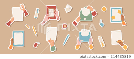Flat hands with blank mail and letters sticker set illustration, colorful isolated hand writing letter template patch, woman sends envelope and package, cartoon character holds sheet of paper. 114485819