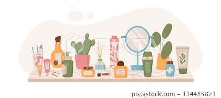 Trendy moisturizing makeup and skin care composition, cartoon antiaging beauty pack collection at shelf with plant, flat fashion skincare product set at the table, colorful eco hair care lotion jar. Trendy moisturizing makeup and skin care composition, cartoon antiaging beauty pack collection at shelf with plant, flat fashion skincare product set at the table, colorful eco hair care lotion jar. 114485821