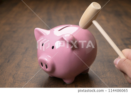 Pig money box and hammer (+hand) 114486065