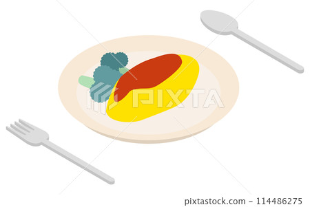 煎蛋捲米飯和西蘭花的等距插圖 煎蛋捲米飯和西蘭花的等距插圖 114486275