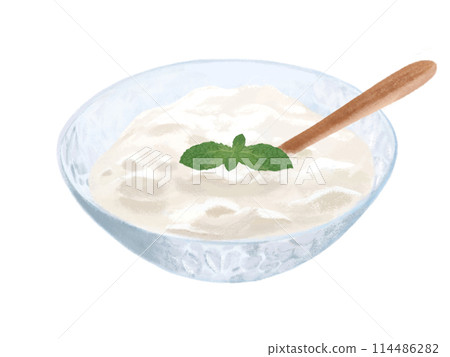 Yogurt (with mint leaves and wooden spoon) 114486282