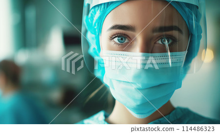 A woman wearing a face shield working at a hospital Lady medical face shield mask 114486323