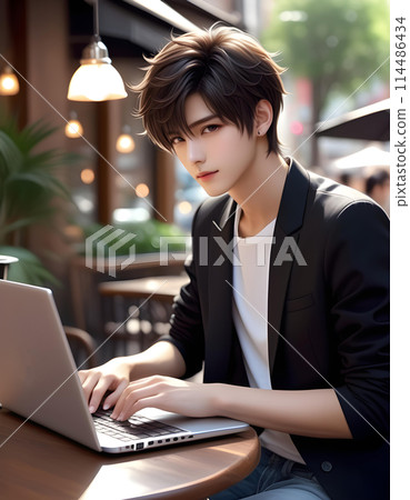 英俊的年輕人在咖啡館裡使用電腦。自由職業商人概念 AI 生成 114486434