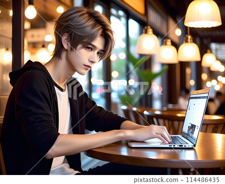 英俊的年輕人在咖啡館裡使用電腦。自由職業商人概念 AI 生成 英俊的年輕人在咖啡館裡使用電腦。自由職業商人概念 AI 生成 114486435