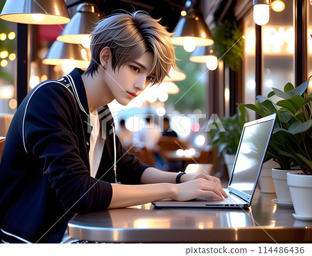 Handsome young man using a laptop in a cafe. Freelance work businessman concept AI generated 114486436