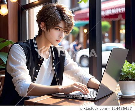 Handsome young man using a laptop in a cafe. Freelance work businessman concept AI generated 114486437