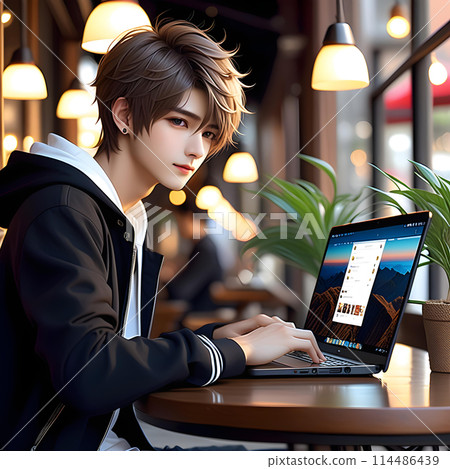Handsome young man using a laptop in a cafe. Freelance work businessman concept AI generated 114486439
