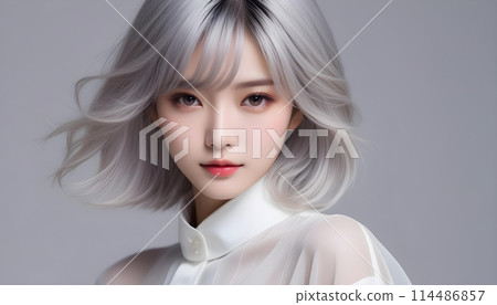 美麗可愛的年輕女模特，一頭時尚的銀髮，動感十足。 AI生成的美女影像 114486857