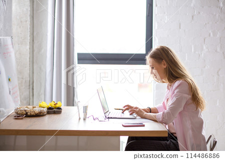 awesome girl spending time at laptop 114486886