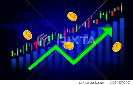 green arrow up with coins and candlestick chart Stock Market Finance Technology vector illustration 114487007