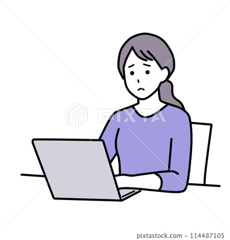 一個滿臉困擾、穿著休閒服操作電腦的女人，簡單 114487105