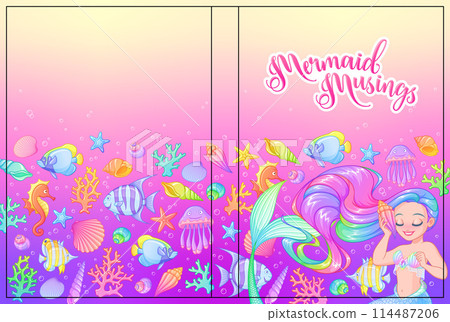 Journal or diary cover vector design with mermaid and sea creatures. Journal or diary cover vector design with mermaid and sea creatures. 114487206
