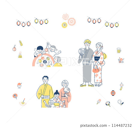 Image of Japanese festivals: People and icon set Image of Japanese festivals: People and icon set 114487232