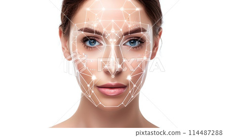Futuristic Facial Recognition Scan on a Woman. High-Tech Concept, Digital Identity Verification. Secure Biometric Technology in Use. Digital Security System. AI 114487288