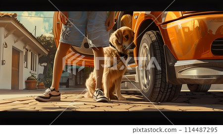Animated scene with loyal dog and owner on a sunny suburban road. Casual, vibrant, digital illustration of companionship. AI Animated scene with loyal dog and owner on a sunny suburban road. Casual, vibrant, digital illustration of companionship. AI 114487295