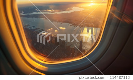 Scenic Sunset View from Airplane Window, Aerial Cityscape Glow. Travel Photography, Concept of Flying, Travel, and Adventure. AI Scenic Sunset View from Airplane Window, Aerial Cityscape Glow. Travel Photography, Concept of Flying, Travel, and Adventure. AI 114487313