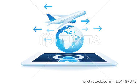 Digital Global Travel Concept with Airplane Orbiting Earth on Tablet. Graphical Representation of International Flights and Technology. Perfect for Travel Agencies and Tech Firms. AI 114487372