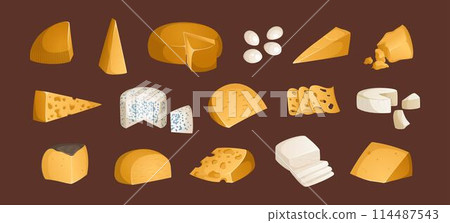 Big set of different types of cheeses on a brown background. Vector illustration. Colorful and bright set in realistic style. Ideal for posters and banner, menu of cafe and shops Big set of different types of cheeses on a brown background. Vector illustration. Colorful and bright set in realistic style. Ideal for posters and banner, menu of cafe and shops 114487543