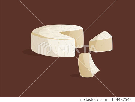 Head of soft noble cheese. Vector illustration. Brie or camembert in a realistic style. Ideal for posters and banner, menu of cafe and shops Head of soft noble cheese. Vector illustration. Brie or camembert in a realistic style. Ideal for posters and banner, menu of cafe and shops 114487545