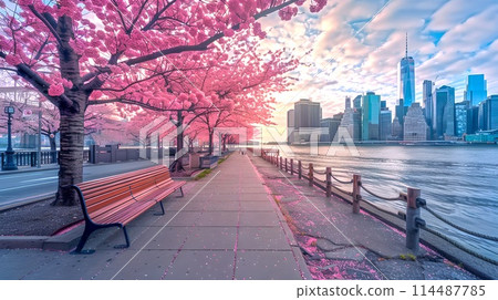 Serene Cityscape with Blossoming Cherry Trees along a Peaceful Promenade. Urban Springtime Scene. Vibrant Colors. Perfect for Background or Wallpaper. AI Serene Cityscape with Blossoming Cherry Trees along a Peaceful Promenade. Urban Springtime Scene. Vibrant Colors. Perfect for Background or Wallpaper. AI 114487785