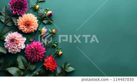 Vibrant floral arrangement on a calm green backdrop. Perfect for spring and summer design themes. Ideal for invitations and stationary. AI Vibrant floral arrangement on a calm green backdrop. Perfect for spring and summer design themes. Ideal for invitations and stationary. AI 114487830