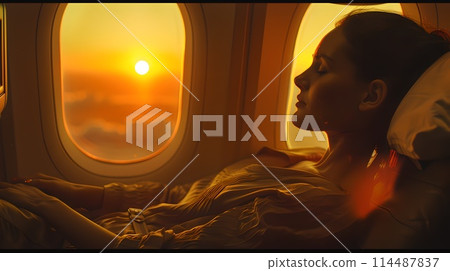 Contemplative Woman Enjoying a Sunset from an Airplane Window, Peaceful Travel Moment. Air Travel Leisure Concept. Calm Passenger Scene. AI 114487837