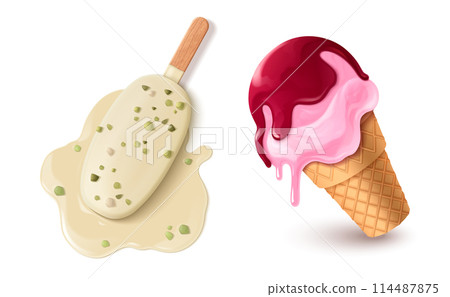 Melted ice cream in waffle cup and on stick. 114487875