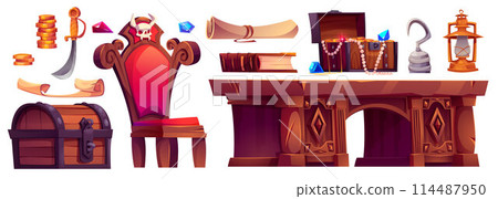 Pirate ship cabin interior furniture and elements. 114487950