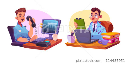 Male doctor character at desk with computer 114487951