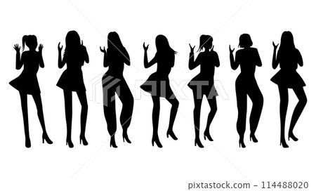 Silhouettes of seven women dancing side by side 114488020