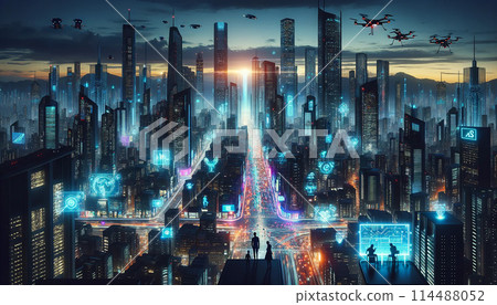 無人機飛來飛去的未來城市充滿活力的夜景，以及未來科技集合的城市活力。 114488052