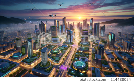 黎明之光照亮的城市壯麗景色，一個融合創新建築和技術的智慧城市 114488054