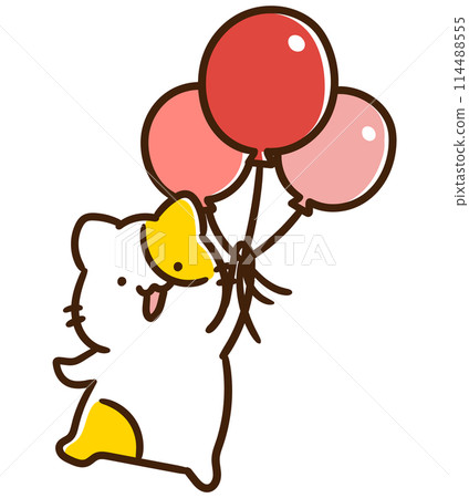 一隻可愛的貓角色帶著氣球在天空中飛翔的變形插圖 114488555