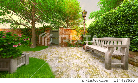 Backyard with white bench Backyard with white bench 114488630
