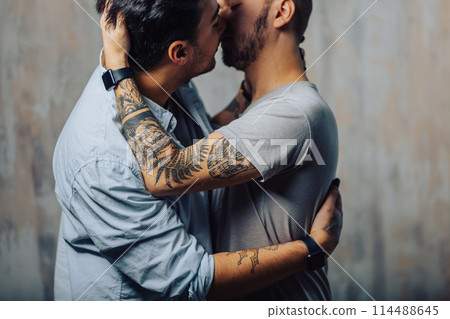 Cay couple enjoy togetherness indoors, kiss each other 114488645