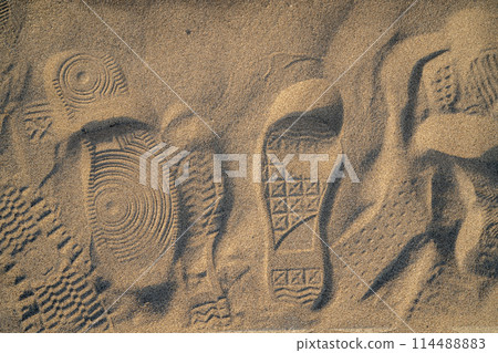 Multiple footprints in the sand on the beach 114488883