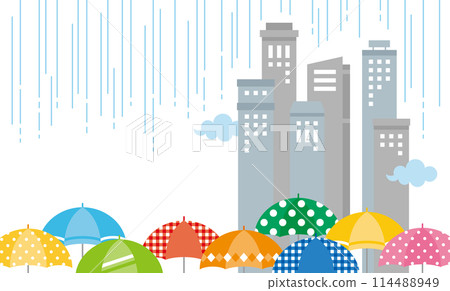 多雨的城市建築和彩色圖案雨傘的插圖 114488949