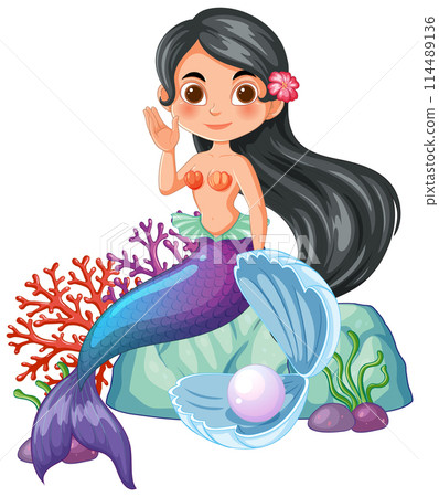 Cheerful Mermaid Waving from Coral Reef 114489136