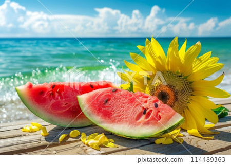 A summery landscape of the sea, watermelon and sunflowers (beach, sunflowers, summer greeting card, background) A summery landscape of the sea, watermelon and sunflowers (beach, sunflowers, summer greeting card, background) 114489363