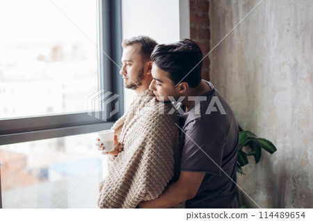 two handsome homosexual guys while standing near window two handsome homosexual guys while standing near window 114489654