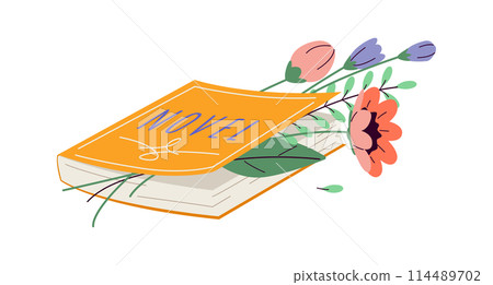 Yellow flower on history textbook 2D cartoon objects 114489702