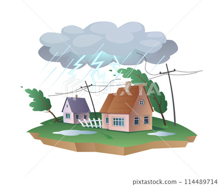 Rainstorm with lightening and strong wind 2D cartoon objects 114489714
