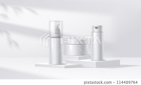 Blank cosmetics packages on podium in shadow illustration Blank cosmetics packages on podium in shadow illustration 114489764