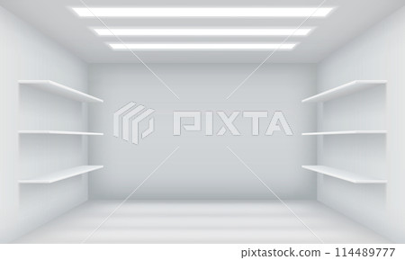 Empty shop with shells on walls realistic 3d illustration Empty shop with shells on walls realistic 3d illustration 114489777