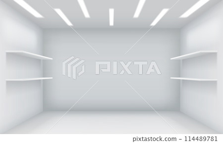 Empty shop with shells on walls realistic 3d illustration Empty shop with shells on walls realistic 3d illustration 114489781